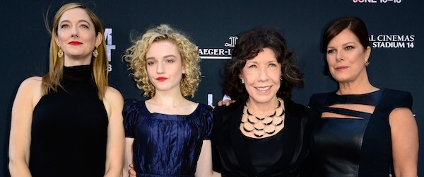 LOS ANGELES, CA - JUNE 10:  (L-R) Actresses Judy Greer, Julia Garner, Lily Tomlin and Marcia Gay Harden attend the opening night premiere of "Grandma" during the 2015 Los Angeles Film Festival at Regal Cinemas L.A. Live on June 10, 2015 in Los Angeles, California.  (Photo by Jerod Harris/WireImage)